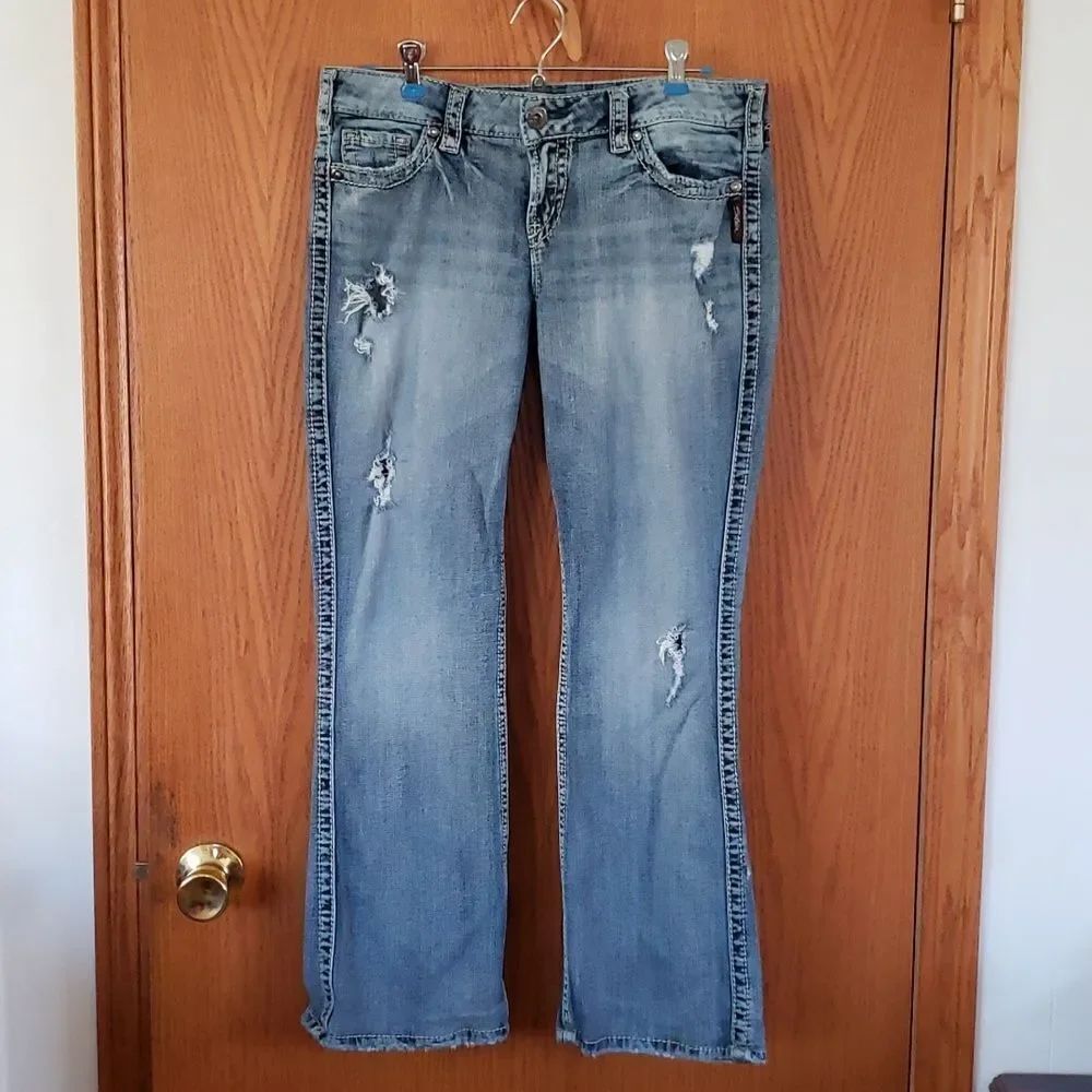Silver Distressed Twisted Bootcut Jeans 30" x 33"